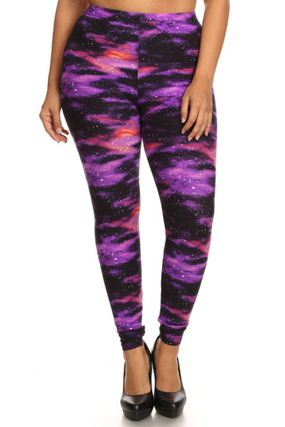 Plus Size Super Soft Peach Skin Fabric, Galaxy Graphic Printed Knit Legging With Elastic Waist Detail. High Waist Fit