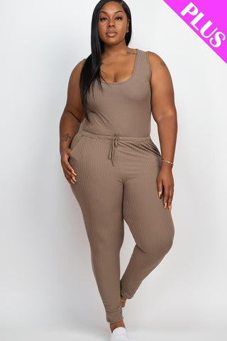 Plus Ribbed Sleeveless Drawstring Jumpsuit