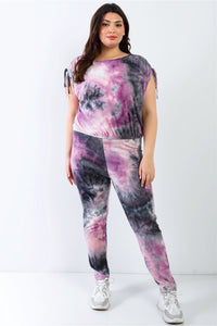 Plus Purple & Black Tie-dye Ruched Shoulder Detail Top & Pants Set