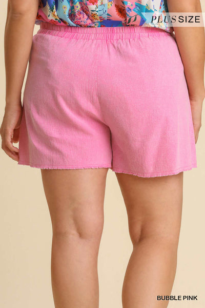 Mineral Wash Frayed Edged Elastic Waistband And Drawstring Shorts With Pockets